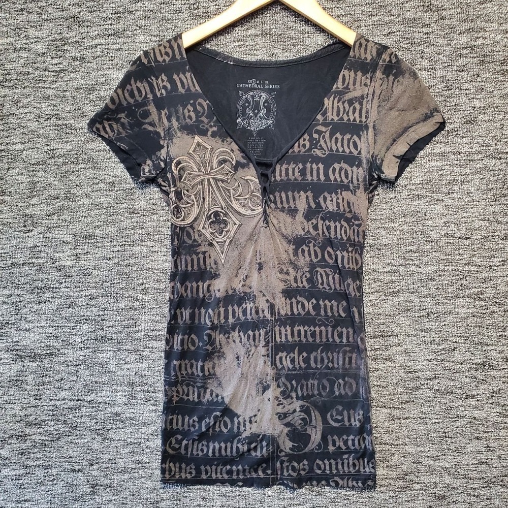 Y2K Affliction Cathedral Series Shirt Womens Small Black All Over Print Grunge